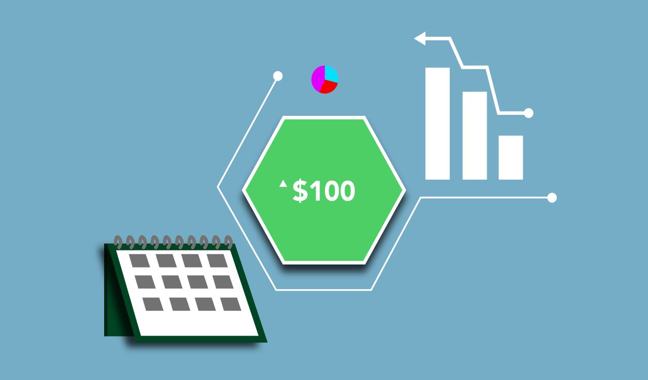 services-03 Economic concept shown on illustration with statistic graph and charts around hundred dollars demonstrating growth of currency over time